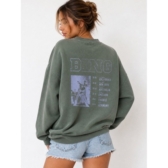 Anine Bing Tops - Anine Bing Sweatshirt Womens S Green Harvey Tour Graphic Organic Cotton Pullover
